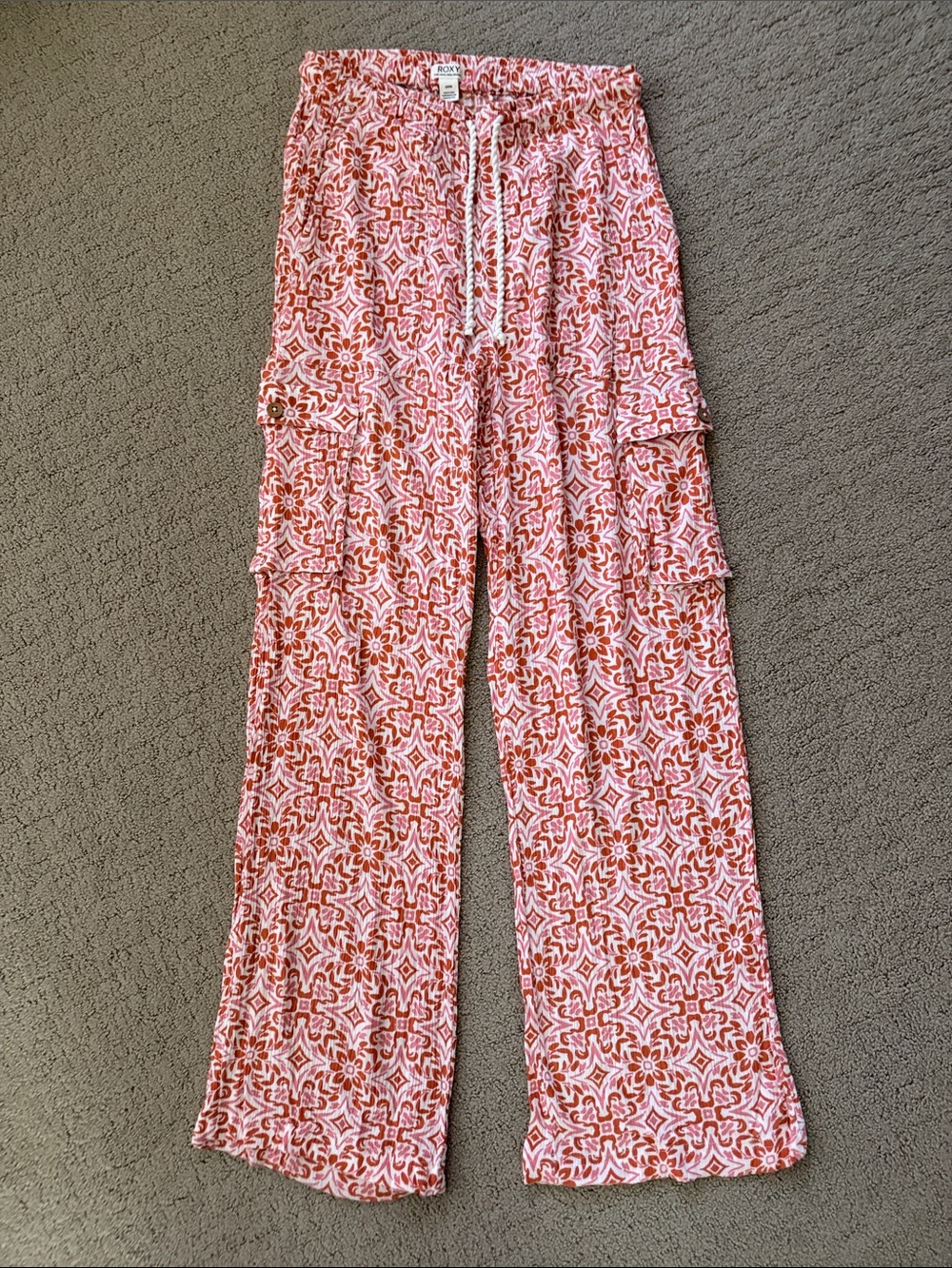 Roxy Pink & Rust Patterned Wide-Leg Cargo Pants